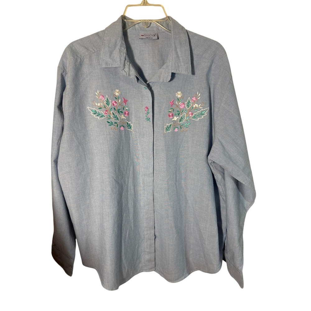 80's Lisa Dale Vintage Embroidered Floral Chambray Button Up Shirt Blue XL USA